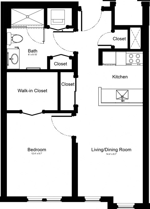 Floor plan for 1 bed, 1 bath, 580 sqft